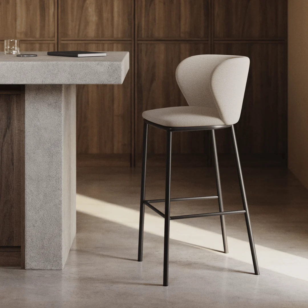 Modern Ivory Chenille Barstool with High Density Foam and Curved Back for Kitchen