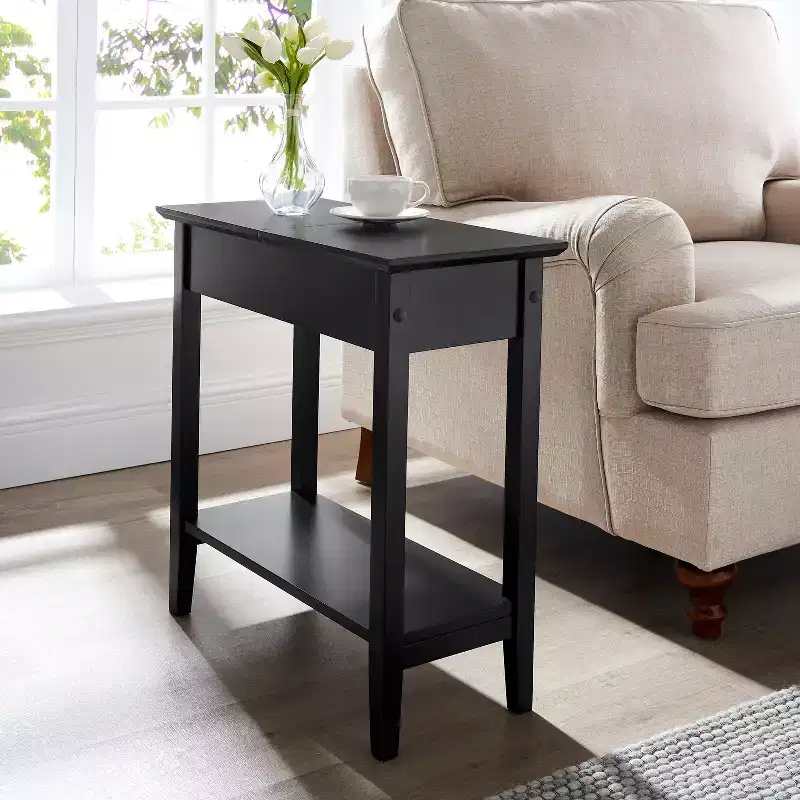 Flip-Top Chairside Table with Hidden Storage, Narrow Wood End Table, 22.8