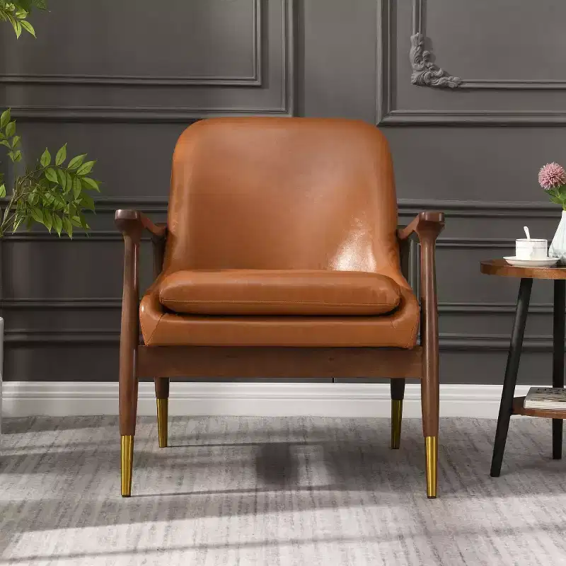 Mid-Century Faux Leather Accent Chair with Brass-Tipped Feet, Luxurious Side Chair for Living Room, Bedroom, or Apartment-Panipeachy