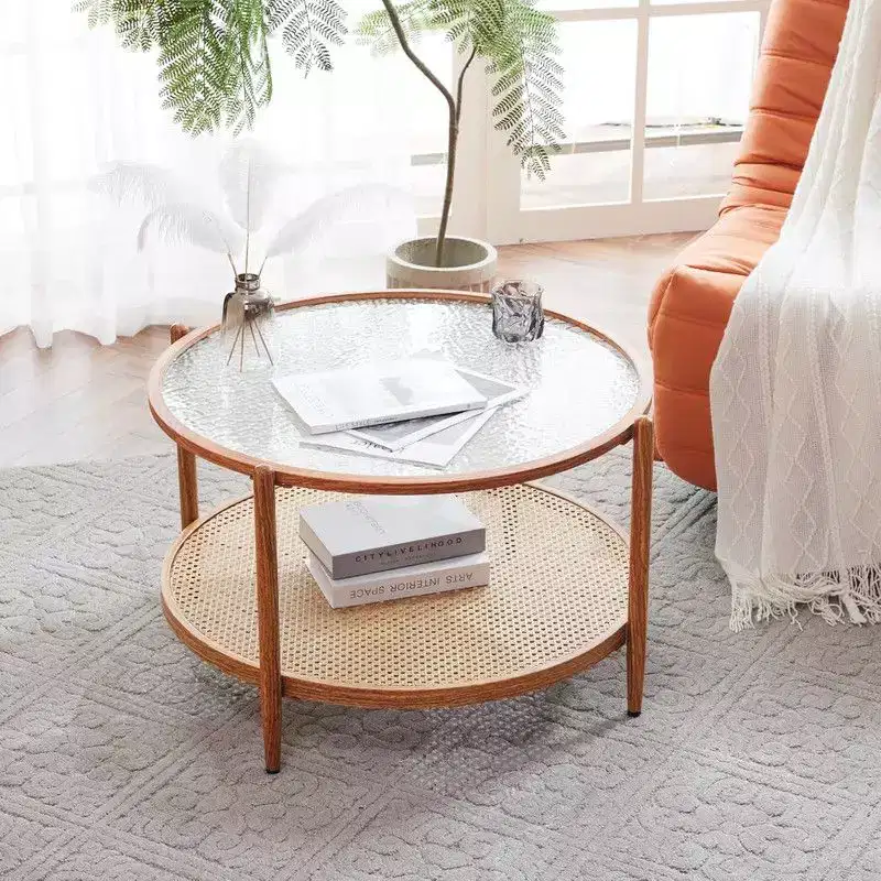 Double-Layered Round Water Ripple Glass and PE Rattan Tabletop Matched with Heat Transfer Wood Grain Iron Frame Coffee Table