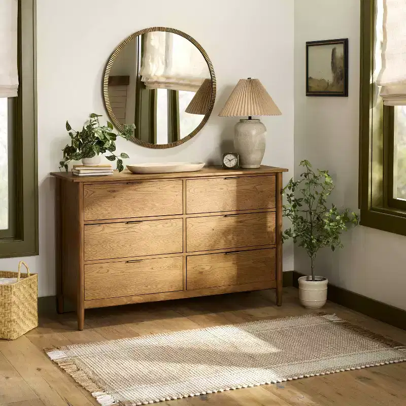 Contemporary Wooden 6 Drawer Horizontal Dresser Aged Oak
