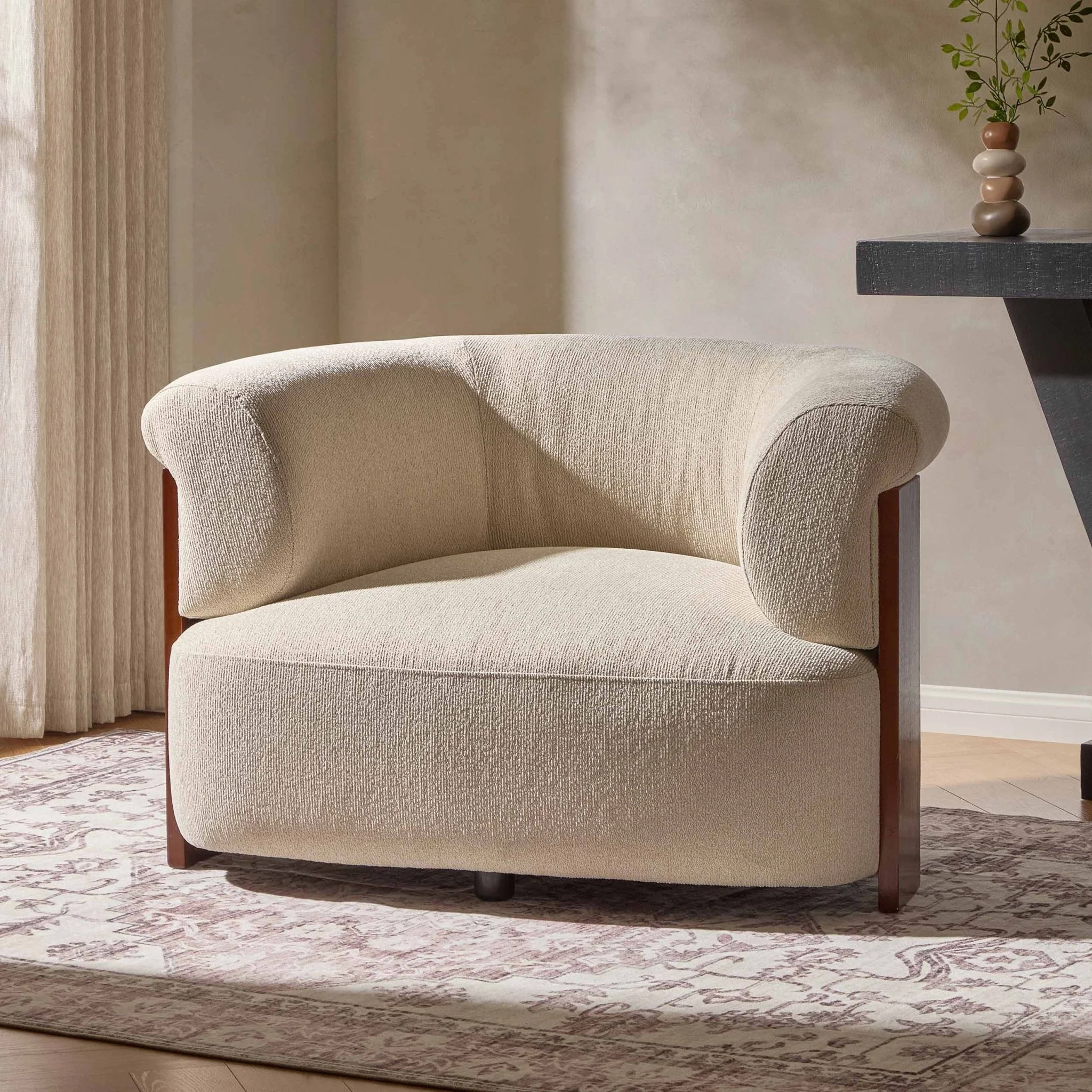 Luxe Sand Boucle Accent Chair with Sculptural Design for Living Room