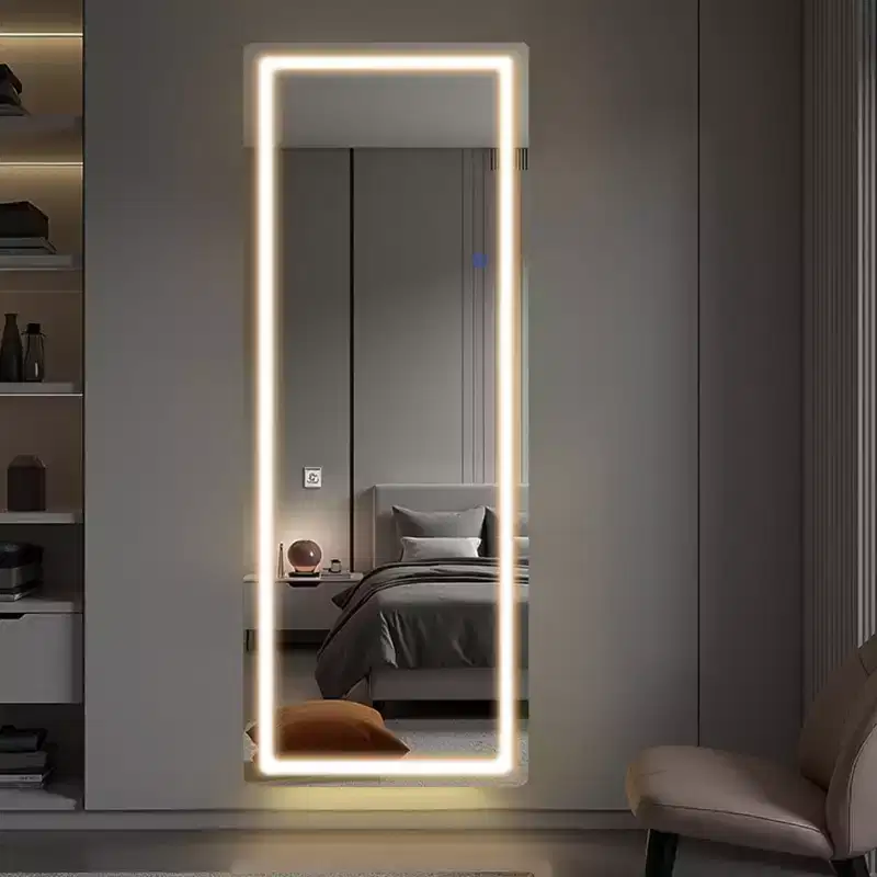 Full Body Rectangle Corner Aluminum Alloy Framless Rounded Mirror with Stand for Living Room Bedroom White