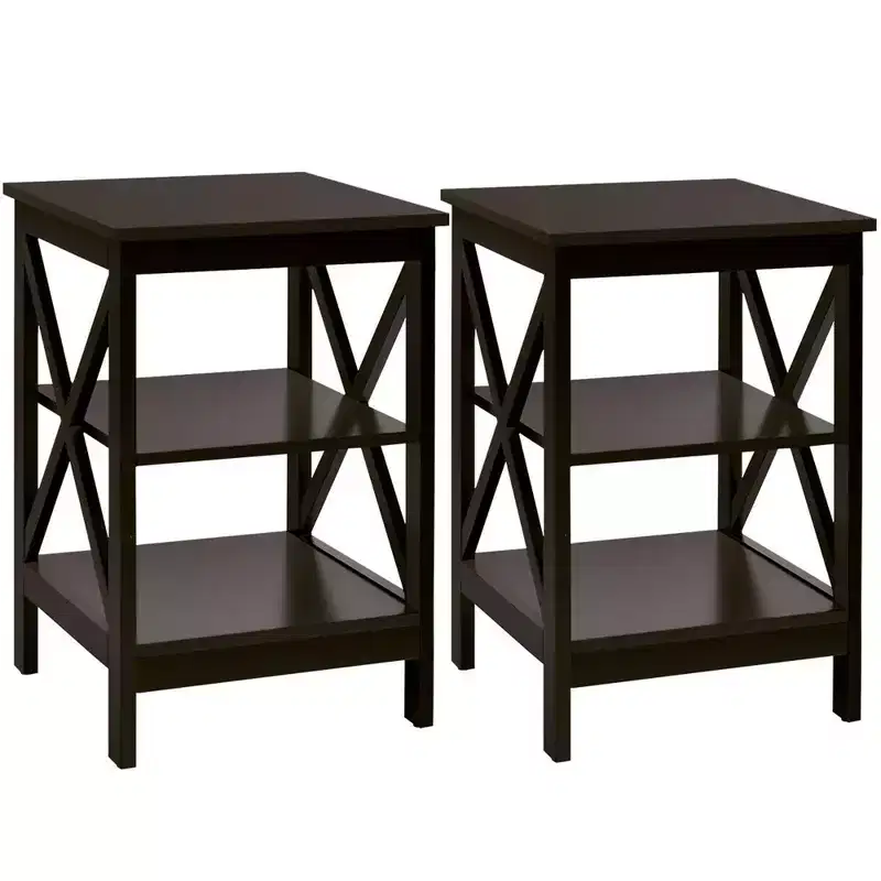 3-Tier Nightstand End Table Set of 2 with X Design Storage Shelf