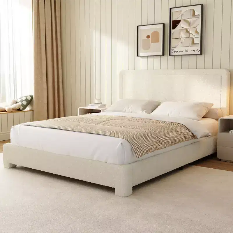 Dyonery Boucle Bed Frame ,Modern Bed Frame with Adjustable Headboard,Soft Rounded Corners,No Box Spring Required,Easy Assembly