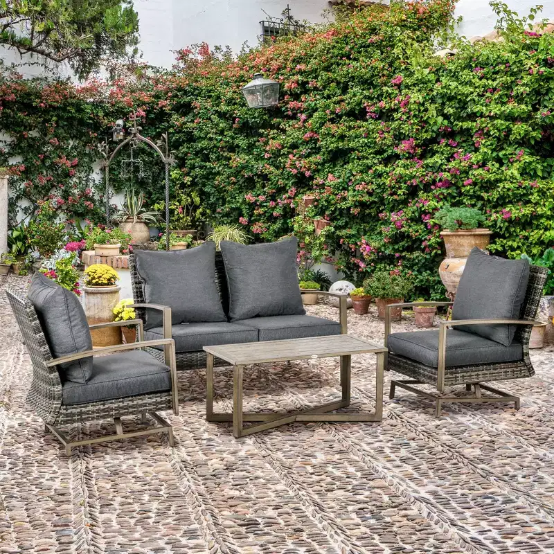 Outsunny Patio Furniture Set, 4 Piece Outdoor Rattan Conversation Set with 2 Rocking Chairs, Cushions, Loveseat Sofa & Coffee Table