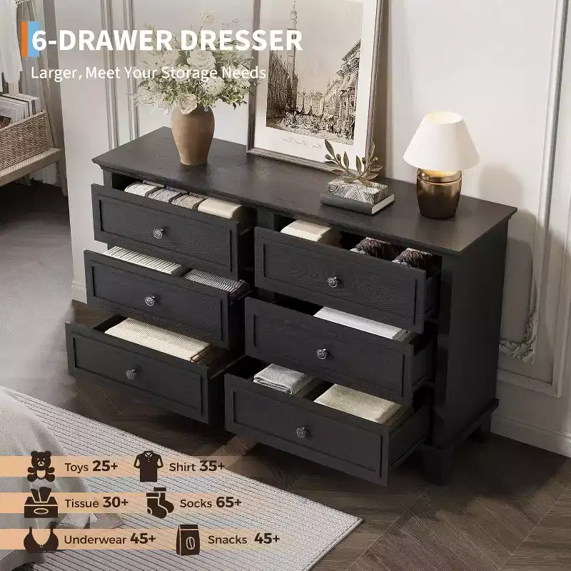 Farmhouse 6-Drawer Dresser in White, Double Wide TV Stand with Vintage Handles, Wood Chest of Drawers for Bedroom, Living Room, Hallway