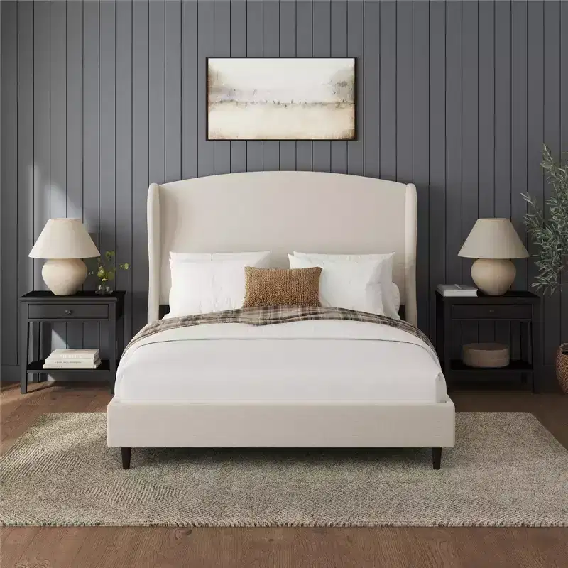Beige Linen Wingback Platform Bed Frame, Queen, Sleeps 1–2