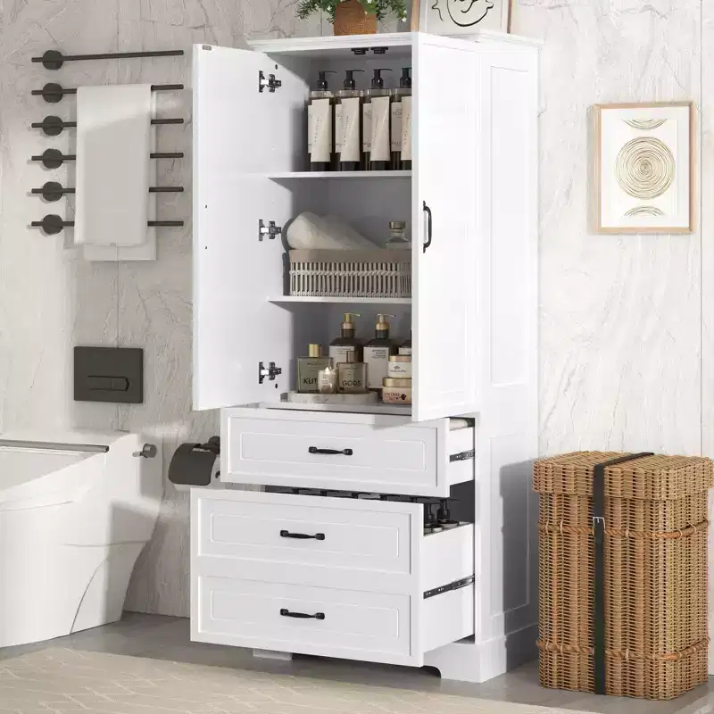 GDFStudio Clara Modern Wood Tall Bathroom Storage Cabinet with Double Doors, Adjustable Shelf and 2 Drawers
