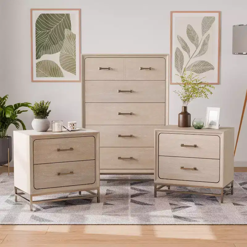 HOMES: Inside + Out 3pc Neovesi Wood 2 Nightstand and Chest Set Boho Oak