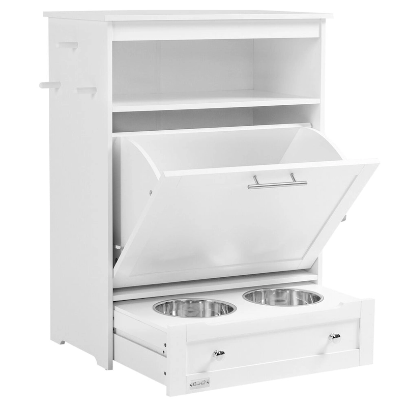 Pet Feeder Station Storage Cabinet, Dog Food Storage Container with Dog Raised Bowls and Hanger for Feeding & Watering Supplies