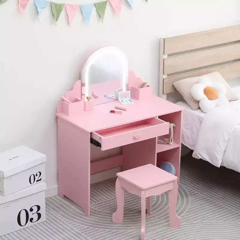 Kids Vanity Table & Stool Set with Lighted Mirror, 2-in-1 Makeup Vanity with Drawer & Open Shelves for Girls Ages 3+