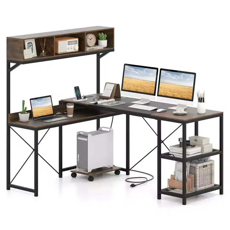 L-Shaped Computer Desk with Power Outlets, 62