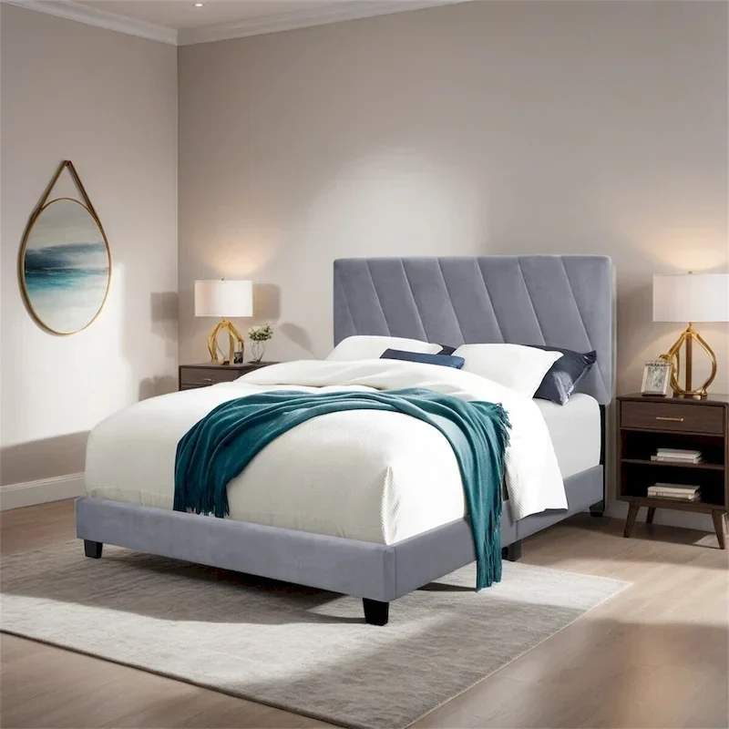 Grey Queen Upholstered Platform Bed with Adjustable Headboard, for 1-2 Person