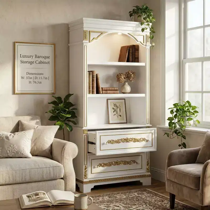 Famapy White Decorative Storage Cabinet with LED Spotlight  Ornate Gold Carvings for Living Room & Entryway