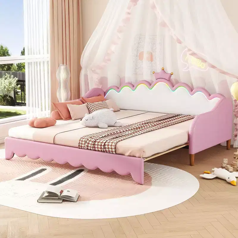 Whisen Twin Extending Daybed, Modern Upholstered Princess Daybed With Crown Headboard
