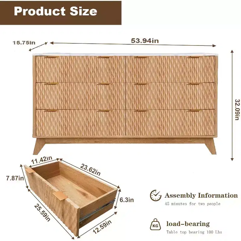 6 Drawer Dresser for Bedroom, White Dresser for Bedroom, 54 Drip Pattern Six-Drawer Chest with Faux Marble Top, Baby Dresser for nursery