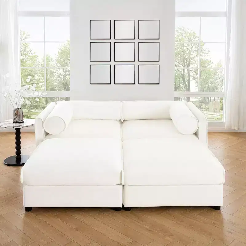 Stylish White Chenille 2-Seater Sofa with 2 Ottoman Storage Seat, Cylindrical Backrest and Armrests