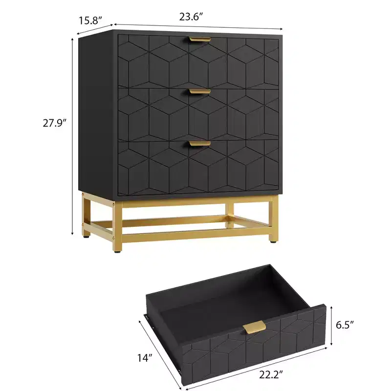3-Drawer Wood Dresser with Gold Metal Base for Closet & Nightstand Use