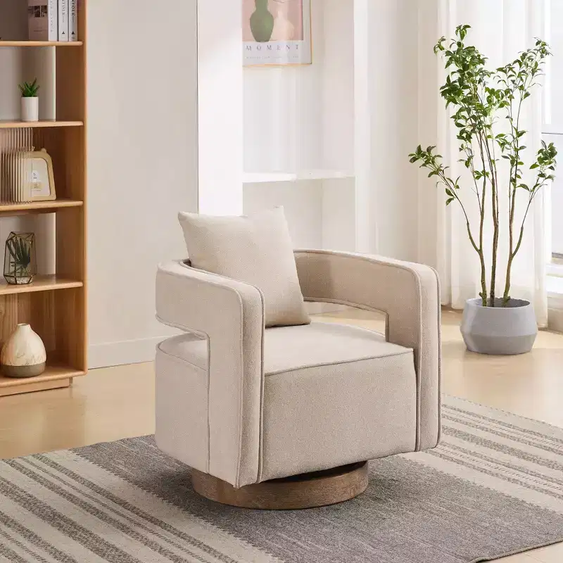 Okak 360 Swivel Accent Chair with Weathered Wood Base,Modern Open Back Armchair for Living Room,Bedroom