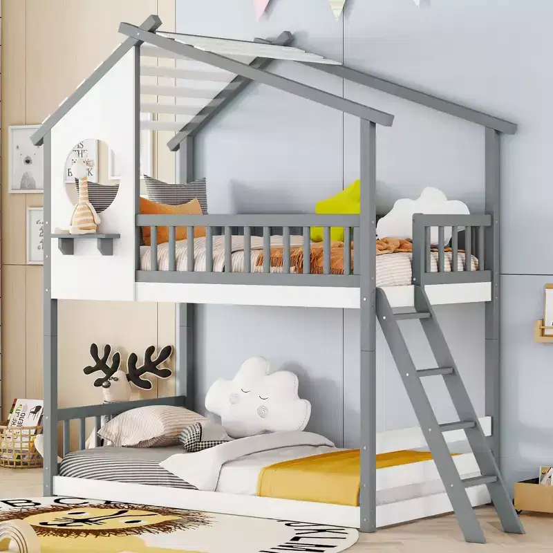 Twin Over Twin Bunk Bed with Roof, Window and Ladder - ModernLuxe