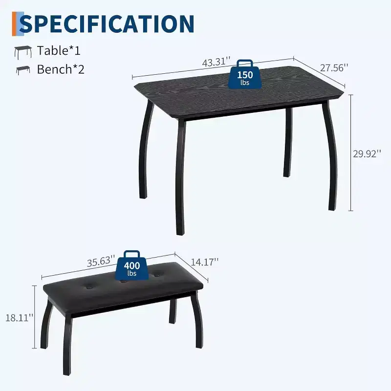 Versatile 44 Extendable Table Set, 3-Piece Convertible Kitchen/Dining Room Furniture, Compact Design for Small Spaces, Easy to Assemble