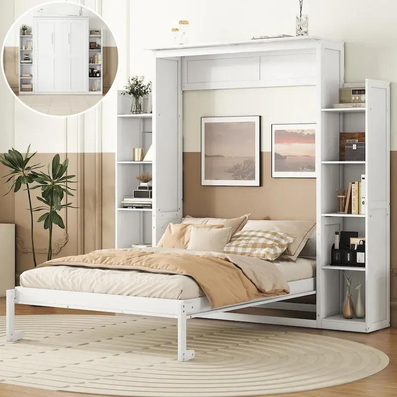 Full Size Murphy Wall Bed Frame with Shelves and LED Lights,for Girls Boys Teens,No Box Spring Needed