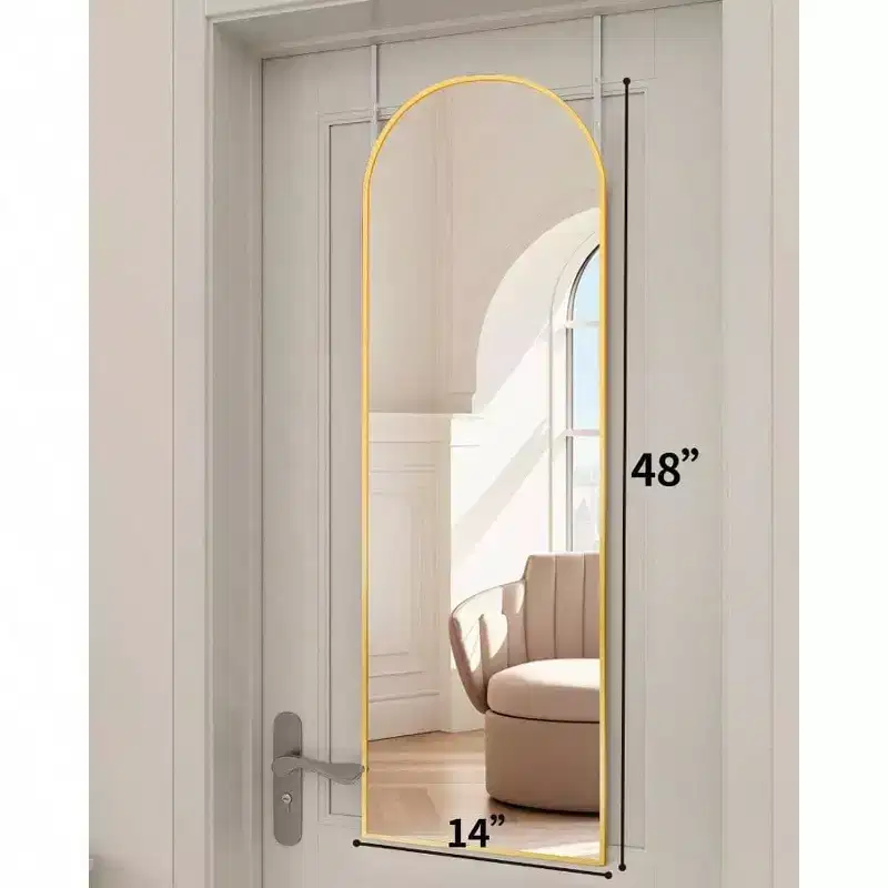 Gold Arched Full Length Mirror, 48x14 Inch. Shatter-Proof, Aluminum Frame for Over-Door or Wall Mount in Any Room