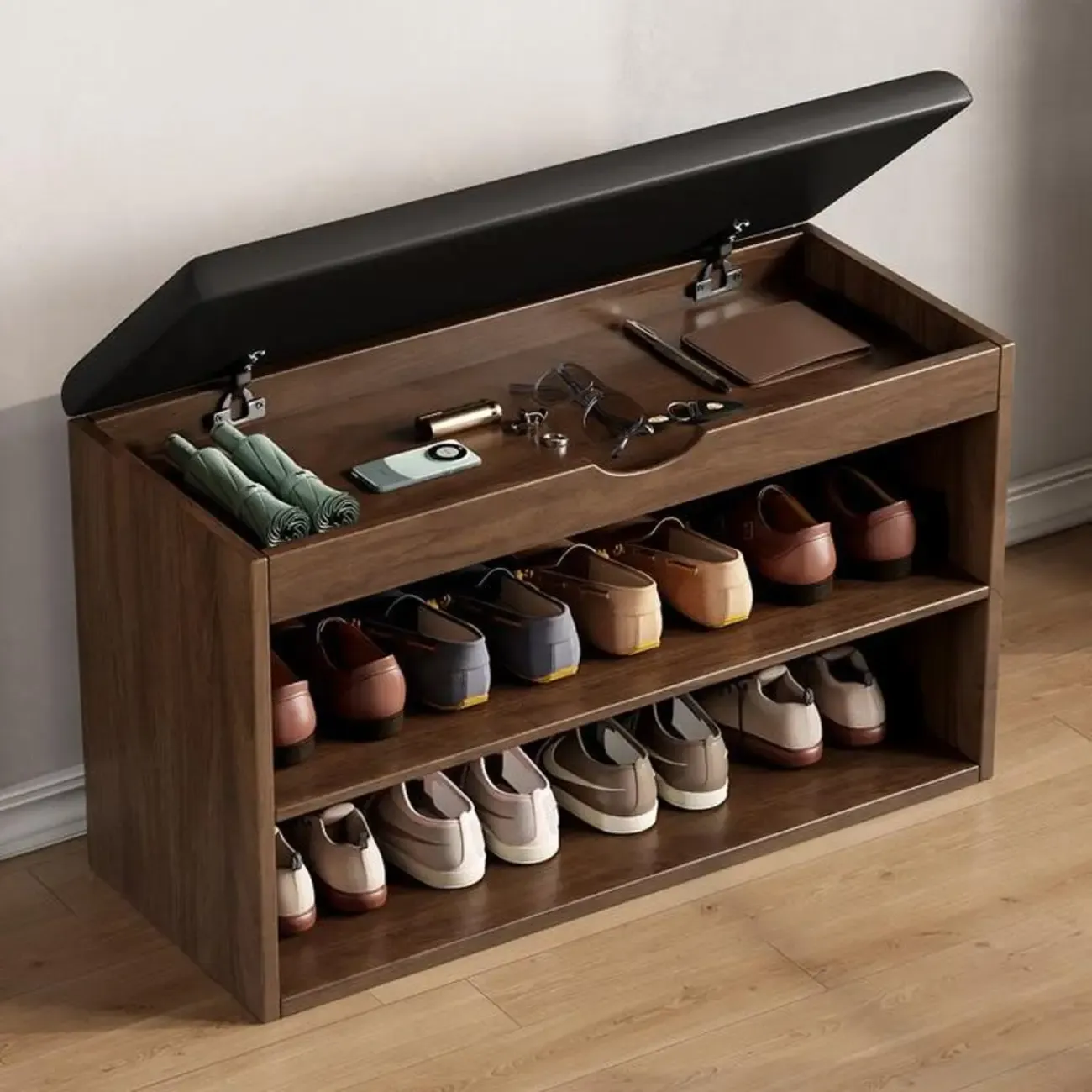 Solid Wood Shoe Storage Bench with Cushion Top & Open Shelf