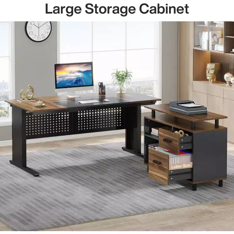 63 Inch L-Shaped Executive Desk with File Cabinet and Drawers for Home Office, Brown and Black