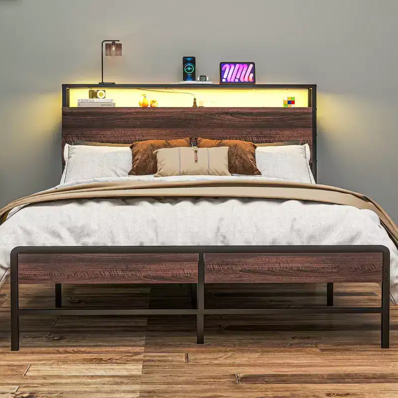Bed Frame with Headboard, Size Bed Frame with Lights, Charging Station, Storage Shelf, Noise-Free & No Box Spring Needed, Walnut