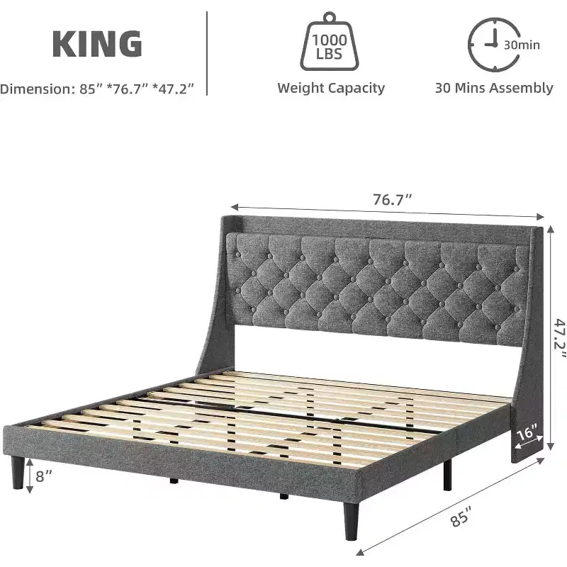 King Size Bed Frame with Upholstered Wingback Headboard,with Charging Station, Button Tufted Design, No Box Spring Needed, Light Grey