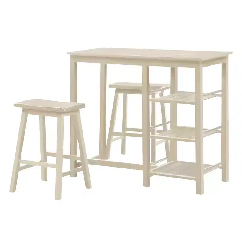 HomeRoots Three Piece Cream Solid Wood Counter Height Bar Table Set