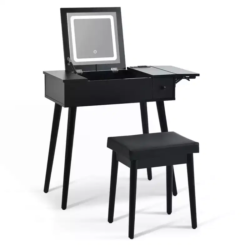 Okak Modern Vanity Desk with Flip Top Mirror, Makeup Table with Charging Station and Fold-up Panel, Compact Vanity for Bedroom, Black
