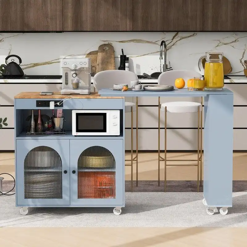 Rolling Kitchen Island on Wheels With Extended Table,LED Lights,Power Outlets and 2 Fluted Glass Doors