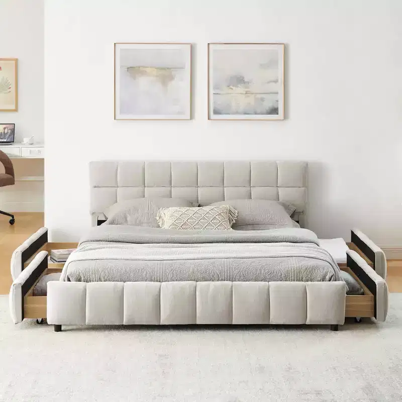 MAYEERTY Queen Size Upholstered Bed with Headboard Chenille Fabric Solid Bed Frame Drawer for Bedroom Beige