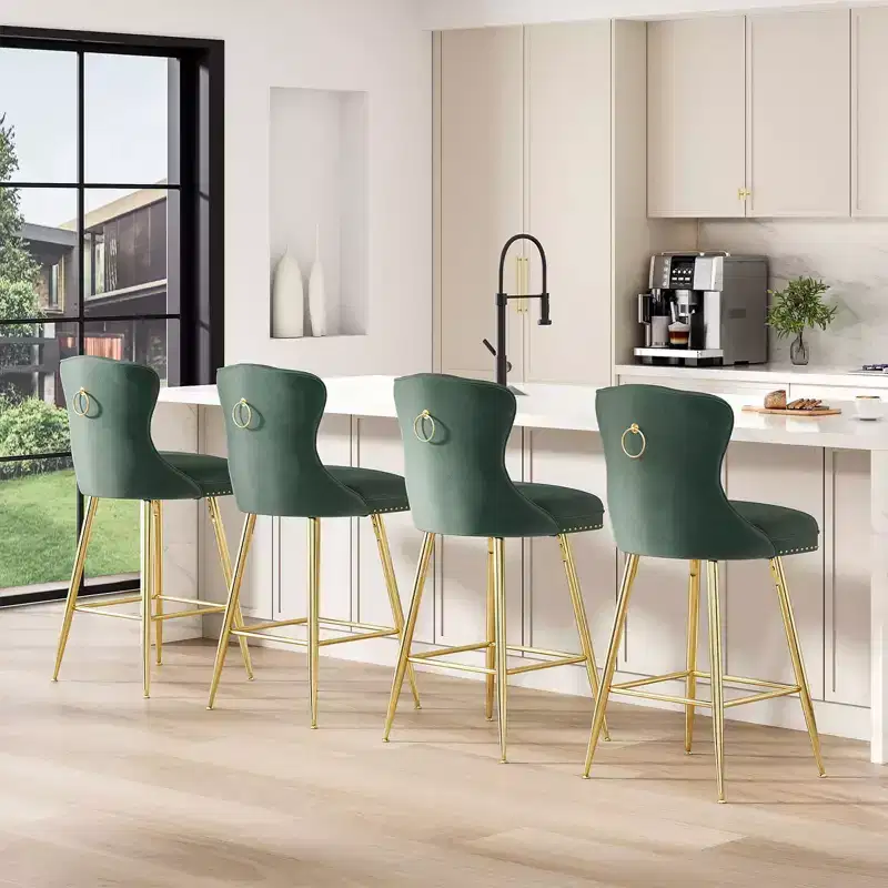 PexFix 2Pcs Bar Stools Velvet Counter Height Bar Stools with Metal Legs Button Tufted and Nailheads Trim Wing-Back Bar Chairs Green