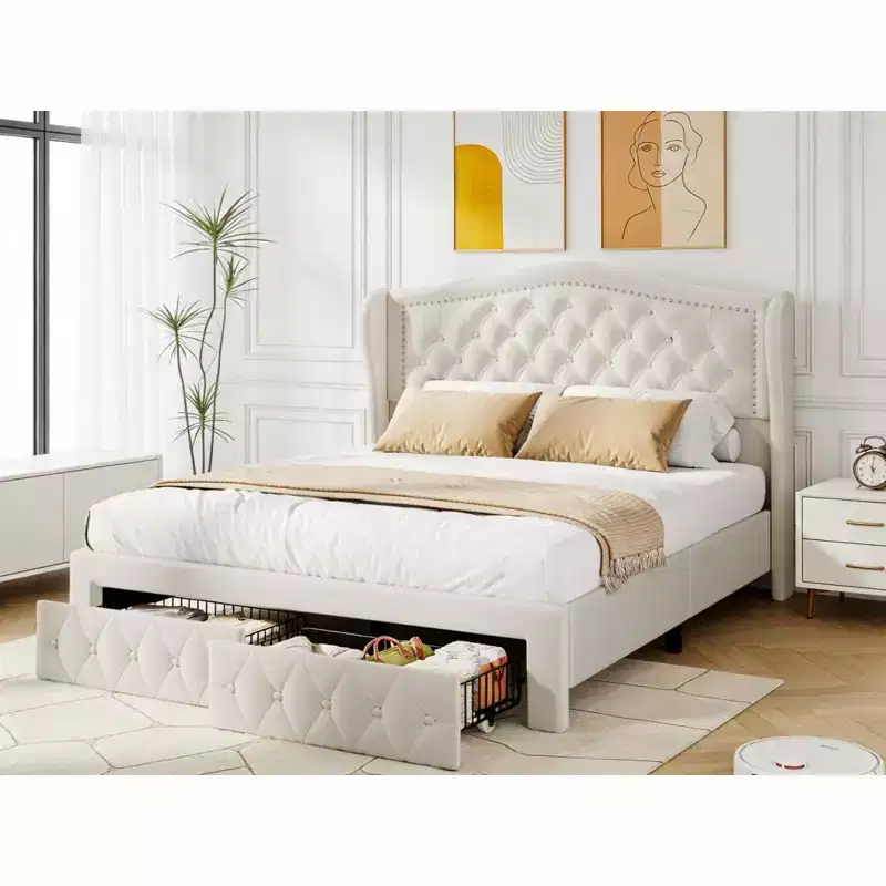 Dyonery Bed Frame Queen Size,Velvet Upholstered Platform Bed - 52.6 Tall Wingback & Vertical Tufted Headboard,2 Storage Drawers,No Box Spring
