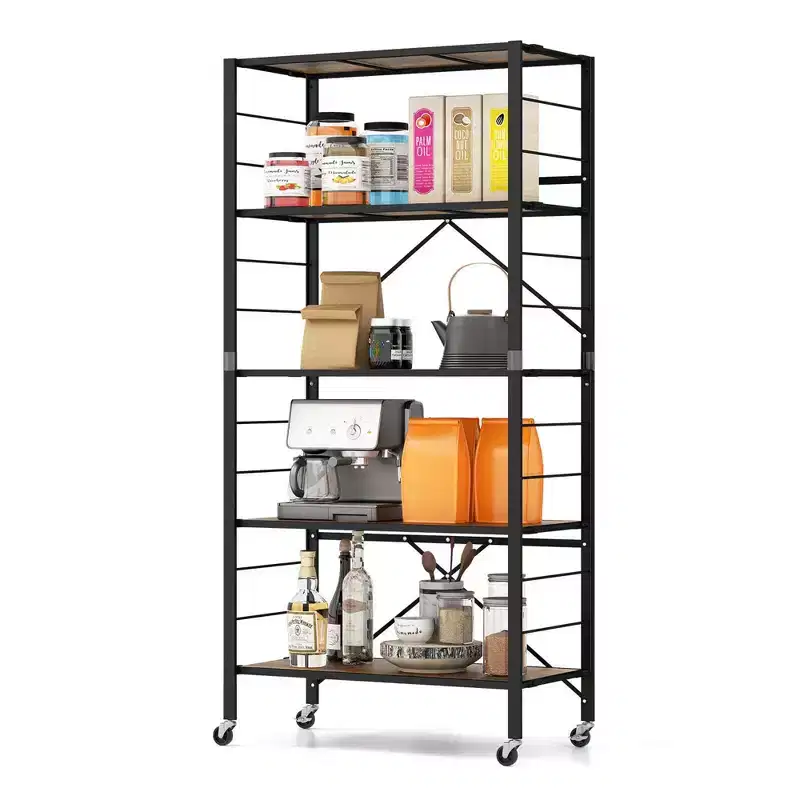 5-Tier Folding Shelf Free DIY Design Shelving Unit with 4 Universal Wheels Kitchen Black/Natural