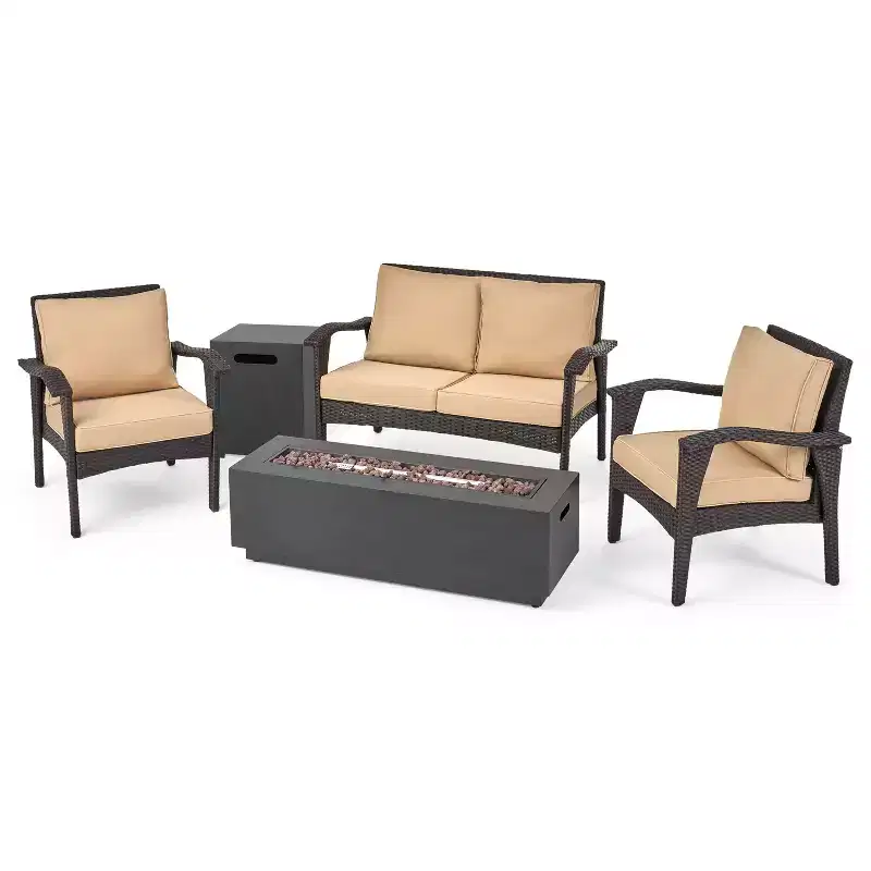 GDFStudio Houlihan Outdoor Wicker 4 Seater Chat Set with Fire Pit