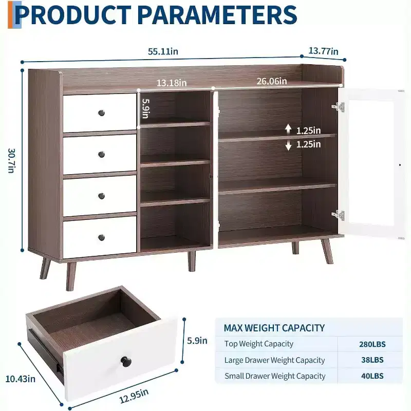 Farmhouse Buffet Cabinet - 2 Glass Door Storage Sideboard with Adjustable Shelves for Dining Room