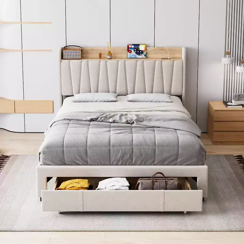 Upholstered Platform Bed Frame with 2 Storage Drawers, Storage Headboard & Charging Station
