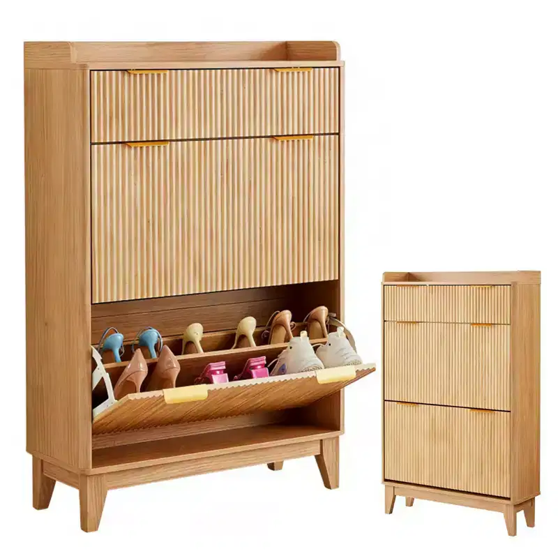 Narrow Fluted Shoe Cabinet with Hidden Storage, 2 Flip Drawers, Top Drawer and Adjustable Shelf - Natural