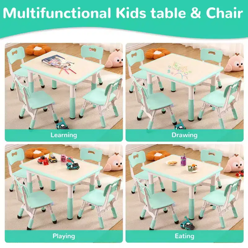 Garvee Kids Table and Chairs Set, Height Adjustable Desk With 4 Seats