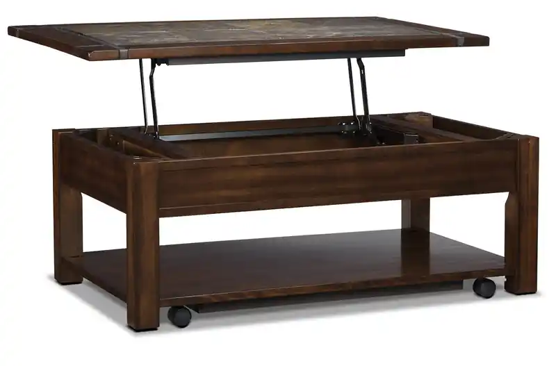 50 Rustic Lift Top Coffee Table with Storage and Shelf - Dark Cherry Wood and Slate Inlay