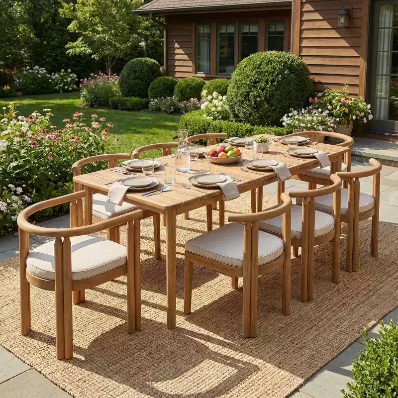 Christopher Knight Home Dione Rustic 9 Piece Patio Acacia Wood Dining Set with Slatted Tabletop and Cushions