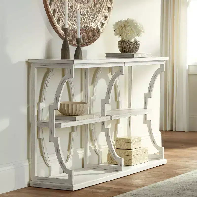 Farmhouse Antique White Rectangular Console Table 64 x 15 with Bookshelf for Living Room Bedroom Bedside