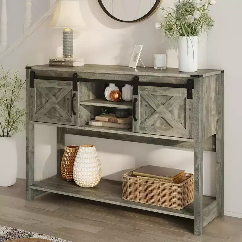 RoyalCraft Farmhouse Entryway Console Table with Storage Shelves, Sliding Barn Door and Spacious Tabletop for Living Room or Foyer, Light Grey