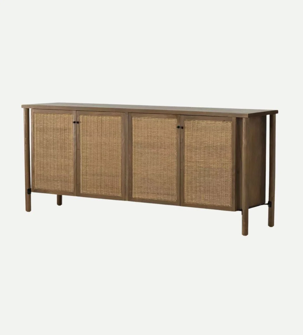 Sideboard ¨C Woven Mango Wood Buffet with Cane Doors, Taupe Finish, Dowel Legs, Spacious Storage for Dining Linens & Serveware, 74W x 18D x 31.5H