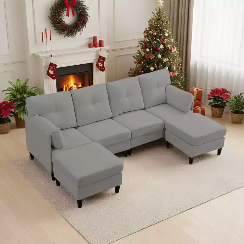 Mjkone Modular Convertible Sectional Sofa Couch, Upholstered Comfy Fabric 4-Seater Sofa with Movable Ottomans